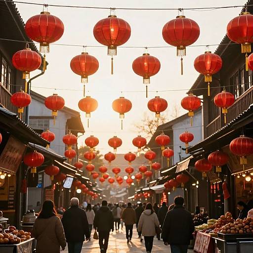 Photograph of a bustling Asian market street at sunset, adorned with numerous red lanterns hanging overhead, people walking, and fruit stalls on both sides.