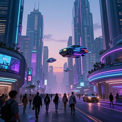 Neon-lit futuristic cityscape at dusk with flying cars, towering skyscrapers, pedestrians, and vibrant blue, pink, and purple lights.