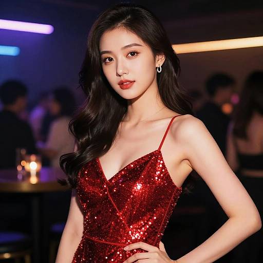 Photograph of an Asian woman with long black hair, wearing a red sequined dress, standing in a dimly lit nightclub, with blurred background and