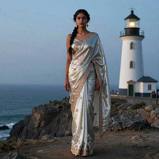 Young Woman in Embroidered Silk Sari by Lighthouse