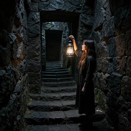 Photograph of a woman with long brown hair, wearing a dark coat, holding a glowing lantern in a dim, stone corridor.