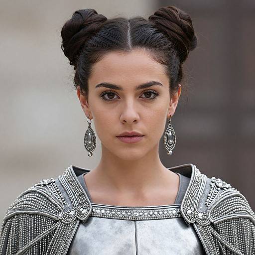 Photograph of a young woman with dark hair in intricate buns, wearing ornate silver armor and elaborate earrings, with a focused expression.