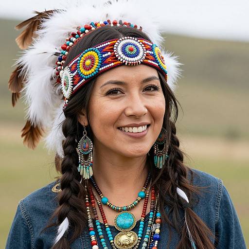 Photograph of smiling Native American woman with dark braids, colorful beadwork headband, feather, turquoise earrings, and necklace, wearing denim shirt.