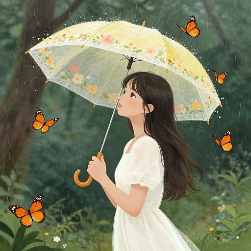 Anime-style digital drawing of a young woman with long black hair, wearing a white dress, holding a floral umbrella, surrounded by orange butterflies in a rainy