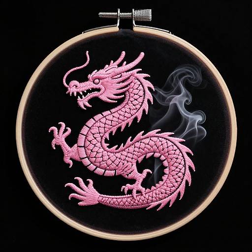 Neon pink dragon embroidery within a glowing ring, black background, detailed scales, smoke emanating from mouth, traditional Asian style.