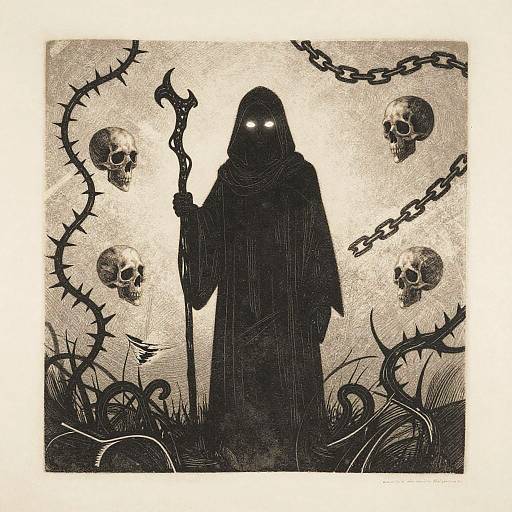 Cloaked Figure with Glowing Eyes in Woodcut Style