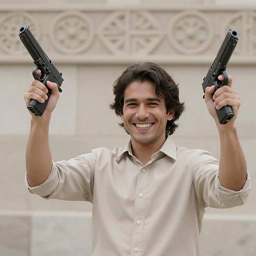 Triumphant Man with Dual Black Handguns