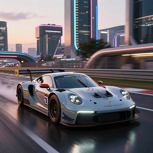Photograph of a white Porsche 911 GT3 racing in a neon-lit urban night, speeding on a wet highway with blurred city skyscrapers