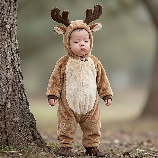 Photograph of a sleeping infant in a brown and beige reindeer onesie with antlers, standing in a wooded forest.