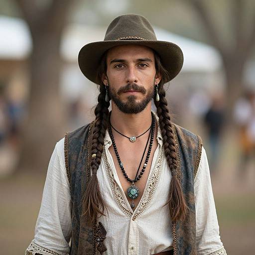 Photograph of a bearded man with long braids, wearing a brown hat, white shirt, and black vest, with a turquoise pendant, in