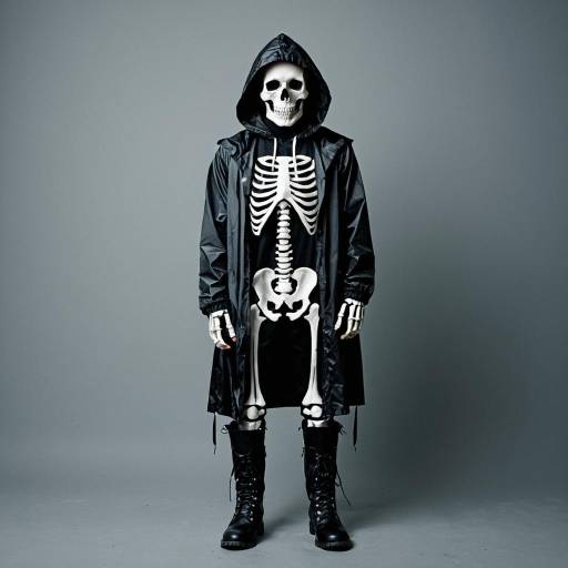 Man in Skeleton Costume with Hooded Raincoat