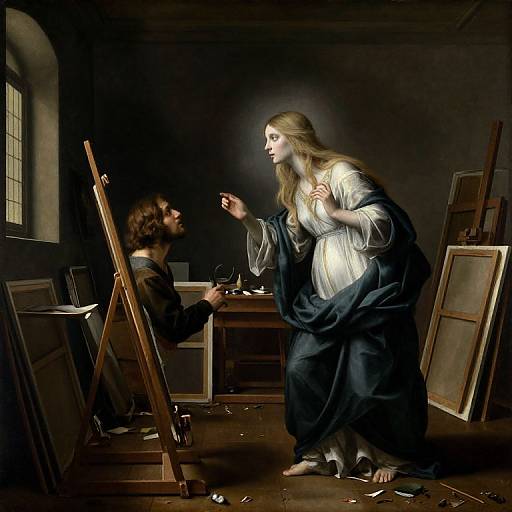 Photograph of a Renaissance-style painting depicting a fair-haired woman in a white dress and blue cloak, standing before a painter with dark hair, in a