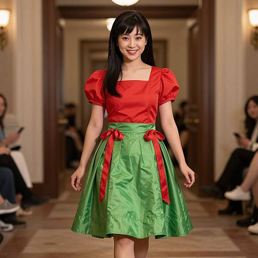 Photograph of an Asian woman with long black hair, wearing a red puffed-sleeve blouse and green skirt with red bows, smiling confidently on