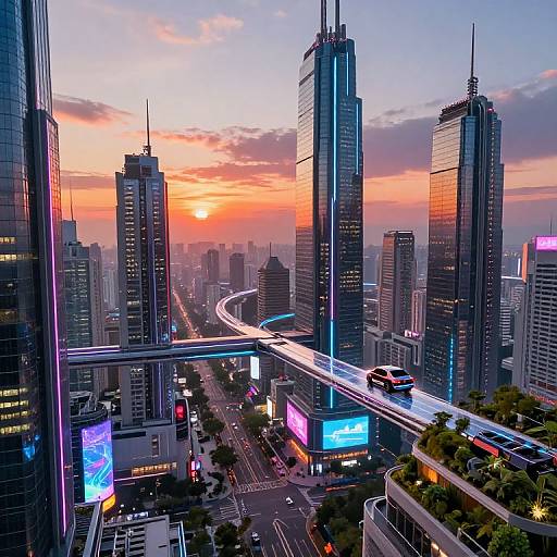Neon-lit futuristic cityscape at sunset with towering skyscrapers, glowing billboards, curved highway, and red bus; vibrant colors and dynamic