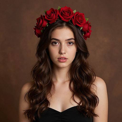 Photograph of a young woman with fair skin, long wavy brown hair, wearing a red rose crown and a black strapless top, against a