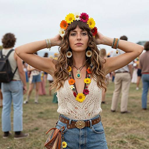 Woman with Floral Accessories at Outdoor Festival