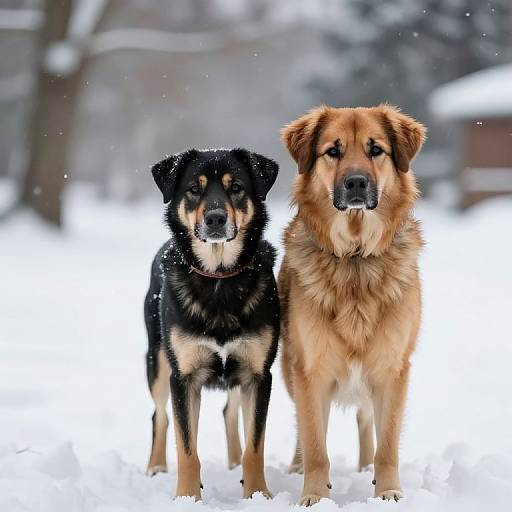 Photograph of two dogs standing in snowy landscape: a black and tan dog on the left and a brown dog on the right. Both look directly at