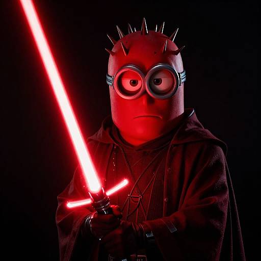 Photograph of a person in a red, spiky Minion costume holding a glowing red lightsaber against a black background.