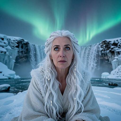 Photograph of a white-haired woman with icy blue eyes, wearing a frosty, fur-trimmed robe, staring forward under a vibrant green aur