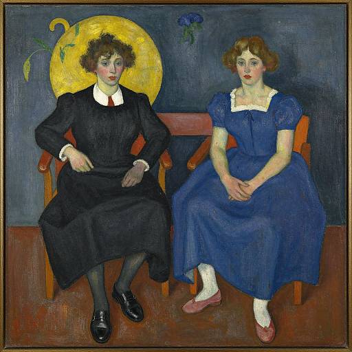 Oil painting of two women, one in black dress and black shoes, the other in blue dress and pink shoes, seated against a dark blue background with