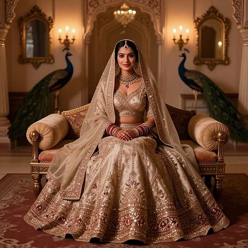 Photograph of a beautiful Indian bride in a gold-embroidered lehenga and veil, sitting on an ornate sofa, flanked by pe