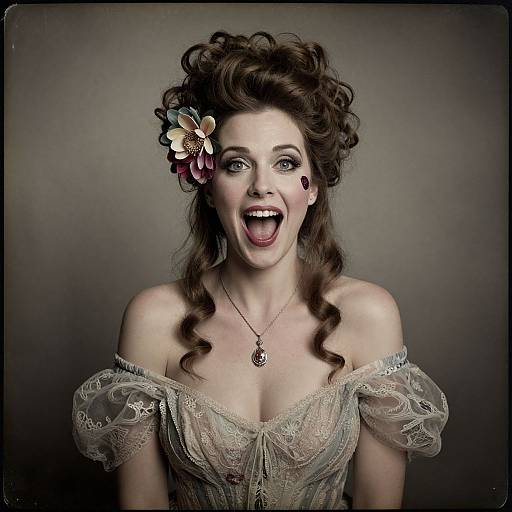 Photograph of a fair-skinned woman with curly brown hair, wearing an off-shoulder lace gown and flower hairpiece, smiling widely against a