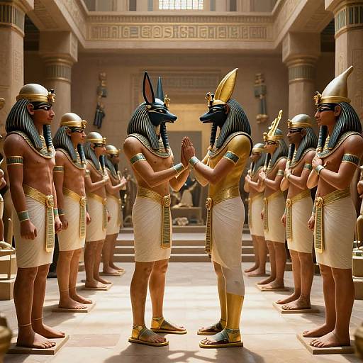 Digital artwork of Egyptian pharaohs in golden headgear and white loincloths, standing in a temple, with two central figures clasping hands