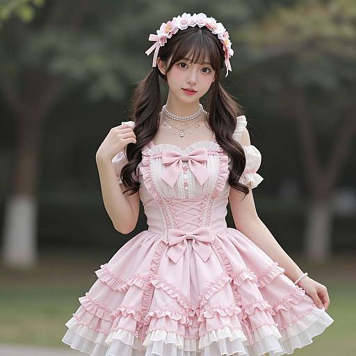 Photograph of an East Asian woman with long black hair in pink frilled Victorian-style dress, flower crown, pearl necklace, standing in a blurred green