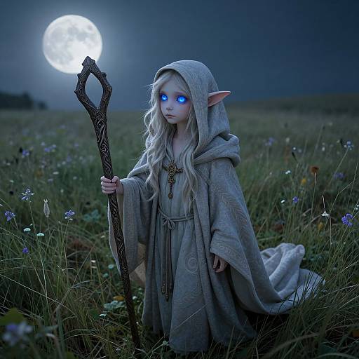 Digital artwork of a blue-eyed, white-haired, elf-like child with pointed ears, wearing a grey hooded robe, holding a twisted staff, under