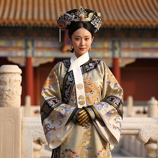 Photograph of an East Asian woman in a detailed, ornate traditional Chinese qipao with floral embroidery, black hair in an elaborate updo,