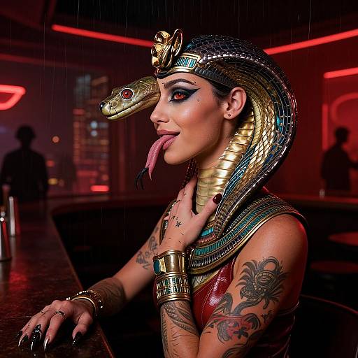 Photograph of a woman with tattoos, wearing a gold snake headdress, red sleeveless top, and jewelry, extending her tongue in a dark,