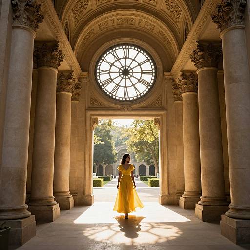 Photograph of a woman in a bright yellow dress standing in a sunlit, ornate, columned archway with a circular stained-glass window