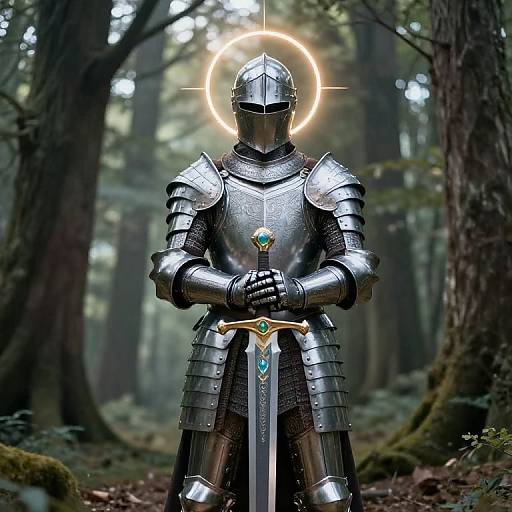 Photorealistic digital art: armored knight with glowing halo, holding sword with blue gem, standing in misty forest. Dark, shiny armor contrasts with