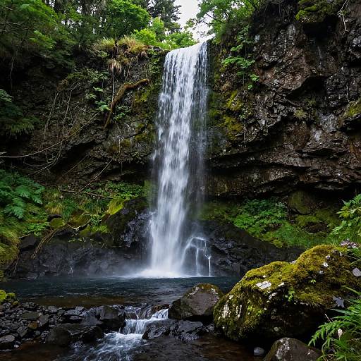 Photograph of a cascading waterfall in a lush, green forest, with moss-covered rocks and dark, wet stones in the foreground.