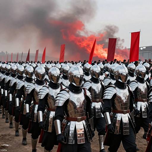 Photograph of a large group of armored soldiers in silver helmets and armor, standing in formation with red flags, against a background of billowing red and