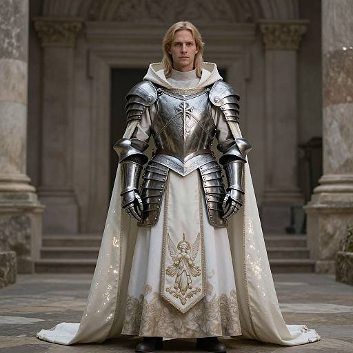 Photograph of a blond man in medieval armor standing in a stone courtyard, wearing a white, ornately embroidered cloak.