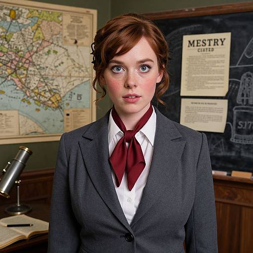 Photograph of a young, fair-skinned woman with red hair, wearing a grey blazer, white shirt, and red tie, standing in a
