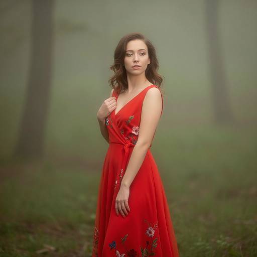 Woman in Red Dress Misty Forest