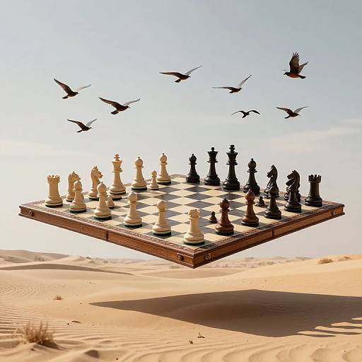 Floating chessboard with black and white pieces in desert, birds flying overhead, bright sunlight, sandy dunes in background. Photorealistic CGI.