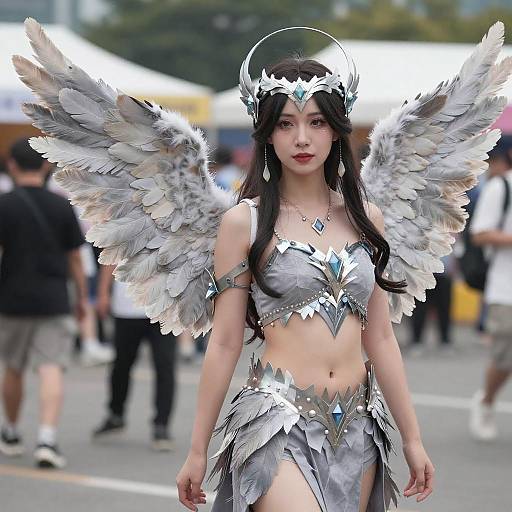 Woman in Detailed Grey Angel Wings Costume