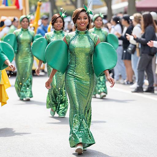 Photograph of a confident woman in a shimmering green sequin dress with oversized teal sleeves, walking in a lively parade, surrounded by similarly dressed participants