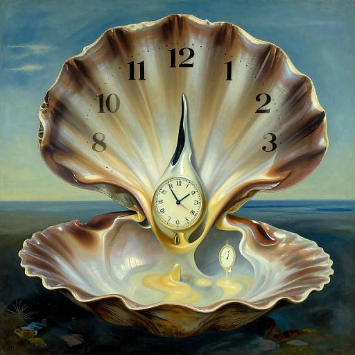 Digital artwork of a large, glowing seashell clock with black numbers, a white face, and a small lit candle inside. Ocean background.