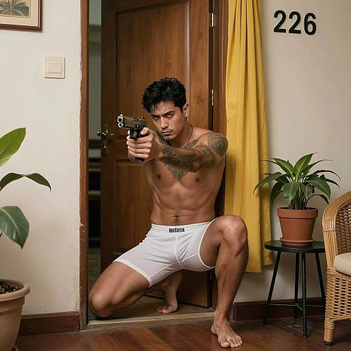 Muscular man aiming handgun crouching in doorway