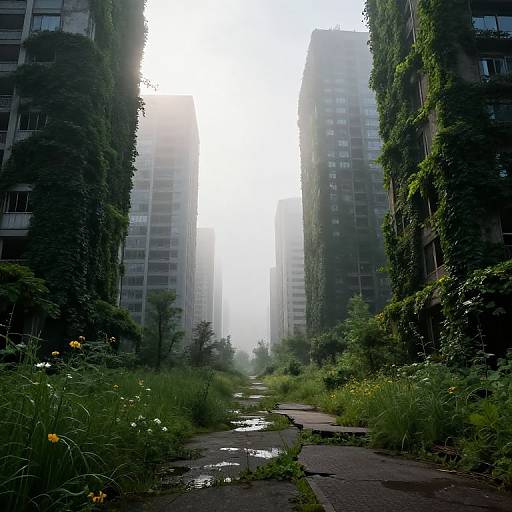 Photograph of a foggy urban alley between tall, overgrown apartment buildings with lush green vines, a muddy path, and wildflowers.