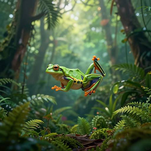 Flying Frog Pose in Tropical Forest