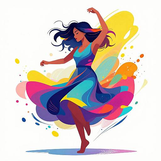 Digital illustration of a dancing woman with flowing dark blue hair in a colorful, sleeveless dress, surrounded by vibrant splashes of yellow, pink, and