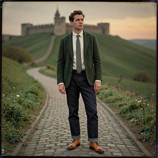 Photograph of a handsome man in a green blazer, white shirt, patterned tie, black trousers, and brown shoes, standing on a cob