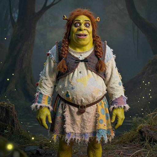 Photograph of a green-skinned, cartoonish ogre with brown braided hair, wearing tattered white and blue clothing, standing in a dark