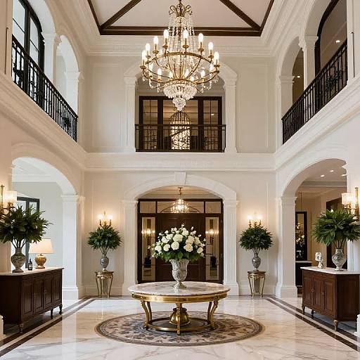 Photograph of an elegant, two-story foyer featuring a grand crystal chandelier, arched windows, black railings, marble floor, round gold table