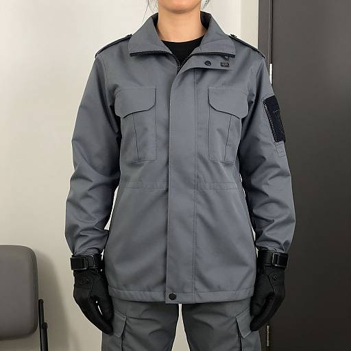 Photograph of a faceless person wearing a gray police uniform with black gloves, patches on sleeves, and cargo pants, standing in a plain room.